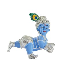 Round Big Ladoo Gopal in Silver Electro Finishing Idol / Murti in Blue Colour Decorative Showpiece | Size 3 (h) x 5 (w) Inch 